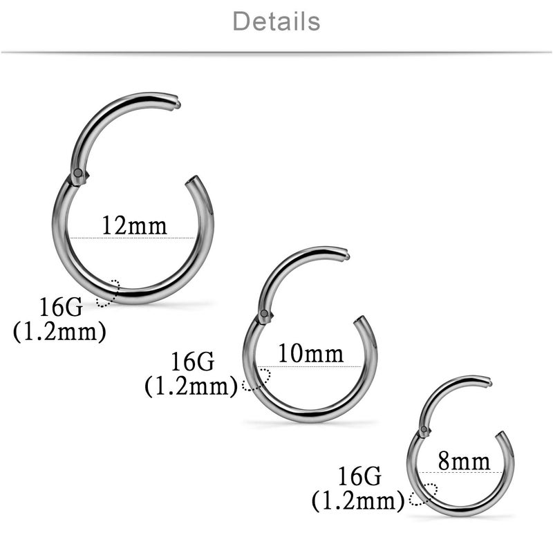 SCERRING 3 Pairs 16G G23 Titanium Hinged Clicker Segment Septum Nose Lip Ring Hoop Cartilage Tragus Sleeper Earrings Body Piercing Jewelry 8mm 10mm 12mm - Image 5